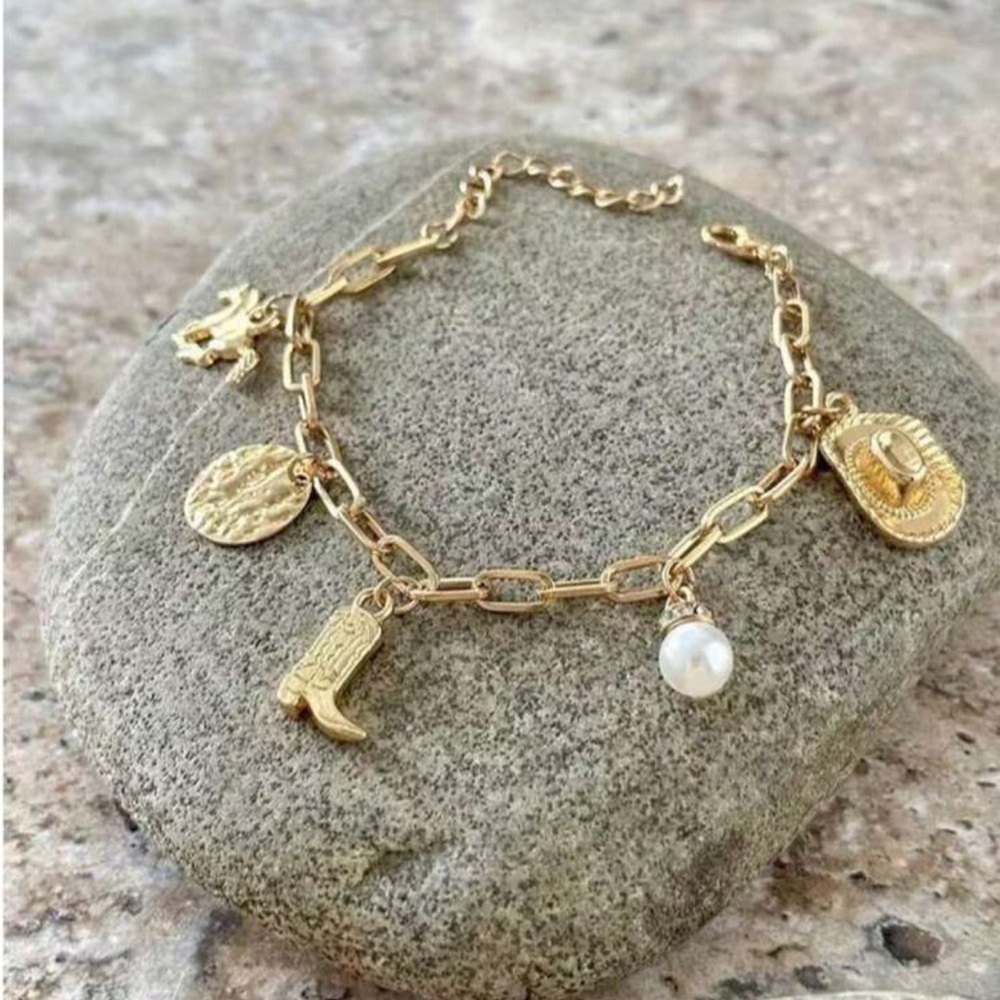 Anthropologie Gold Cowboy boot hat western Charm Bracelet